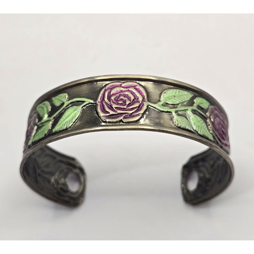 Vintage Silver Tone Enamel Rose Cuff Bracelet Wildflower Vine Floral Band